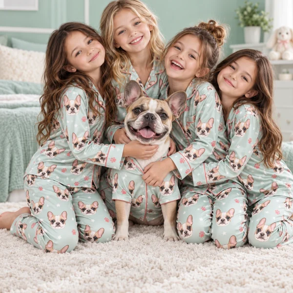 Kids in girls satin pajamas with their French bulldog — MyDogPics