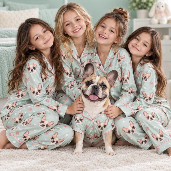 Kids in girls satin pajamas with their French bulldog — MyDogPics