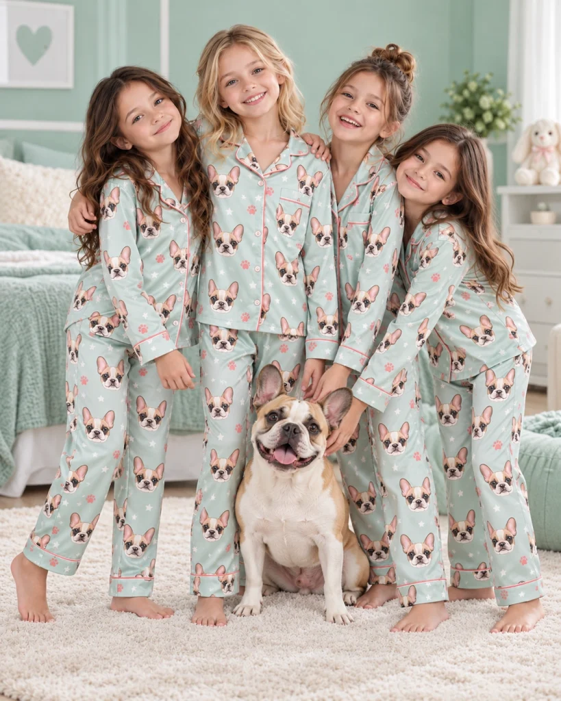 Kids in girls satin pajamas with their French bulldog — MyDogPics