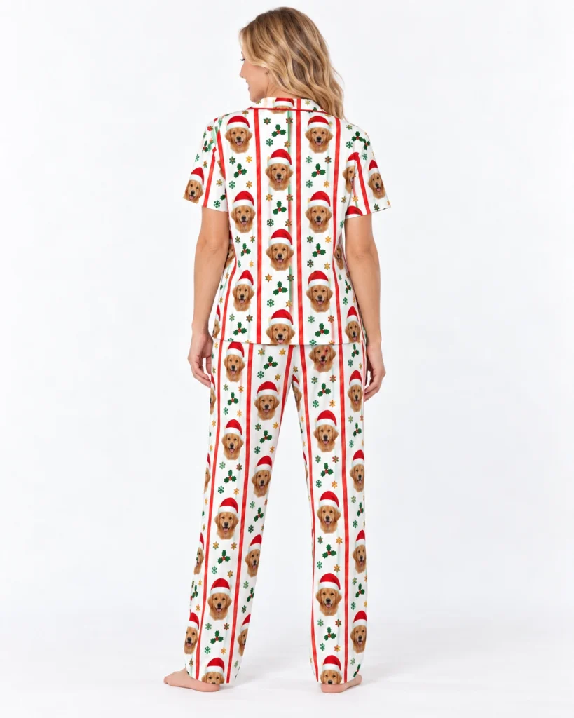 Back view of golden retriever Christmas pajamas: the print continues all the way round — MyDogPics