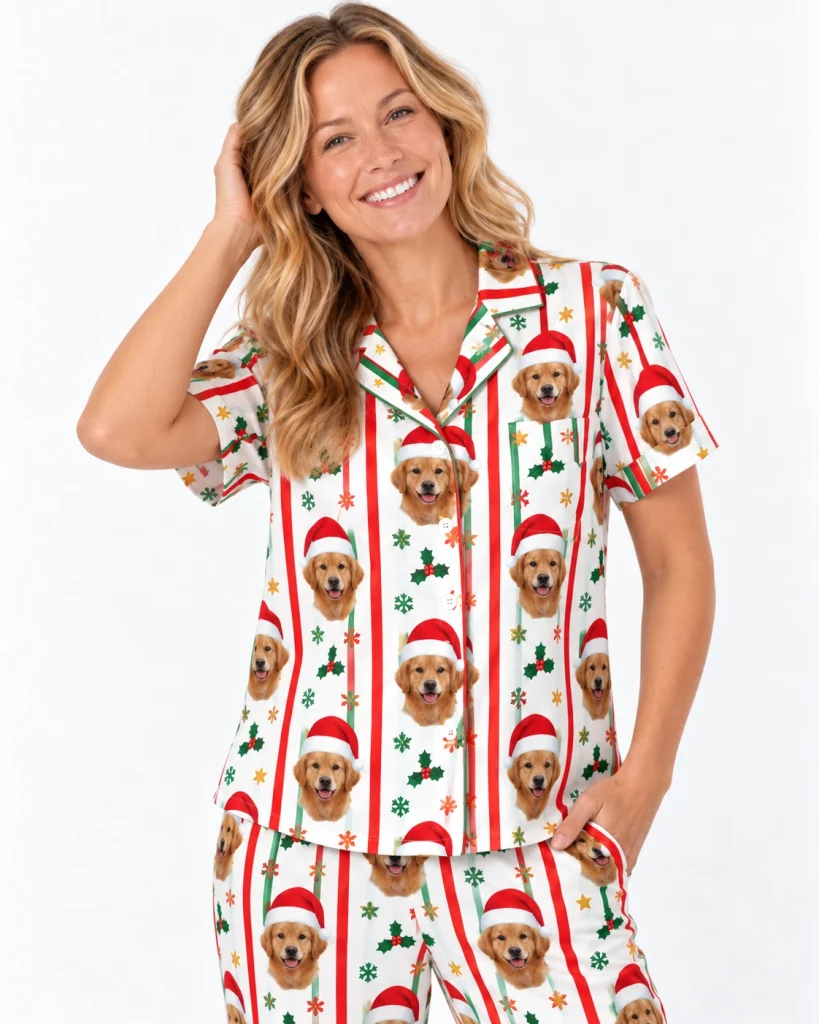 Close-up of the golden retriever Christmas pajamas print with golden retriever faces in Santa hats — MyDogPics