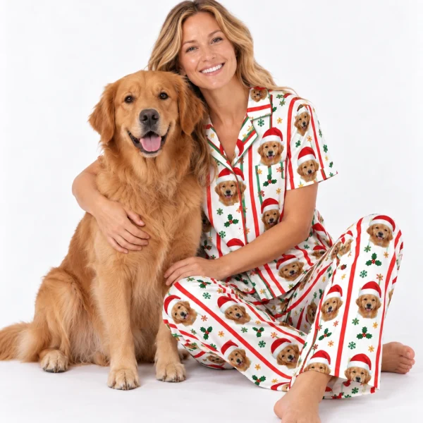 Woman in golden retriever Christmas pajamas cuddling her golden retriever — MyDogPics