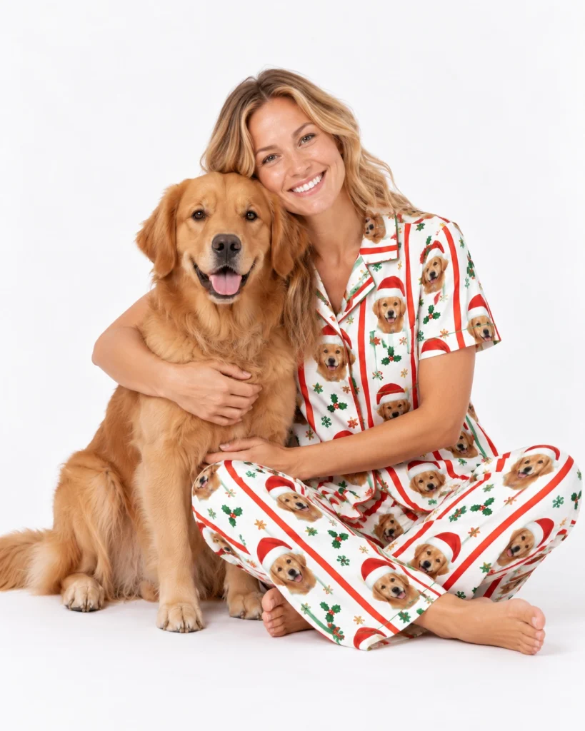 Woman in golden retriever Christmas pajamas cuddling her golden retriever — MyDogPics