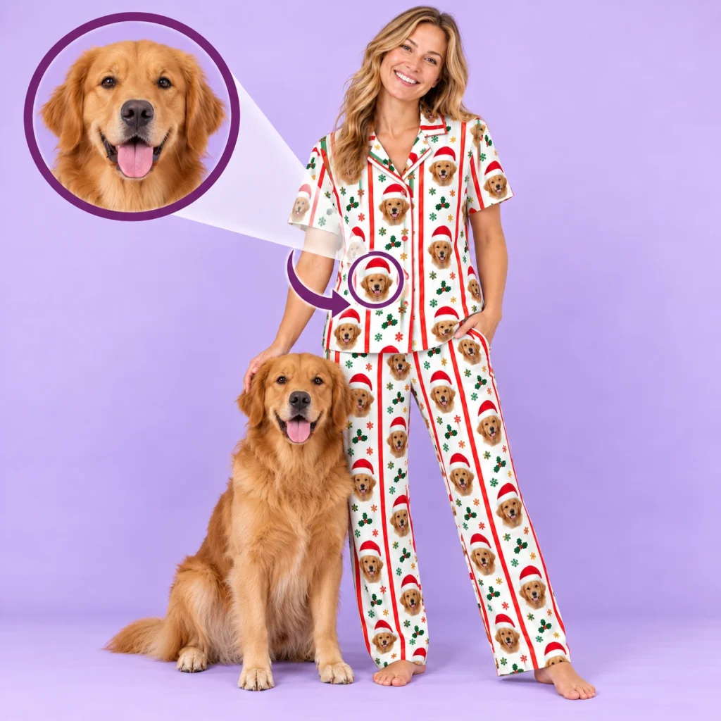 Golden retriever Christmas pajamas example: a golden retriever photo turned into the all-over face print — MyDogPics