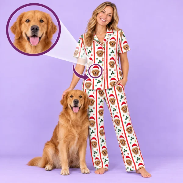 Golden retriever Christmas pajamas example: a golden retriever photo turned into the all-over face print — MyDogPics