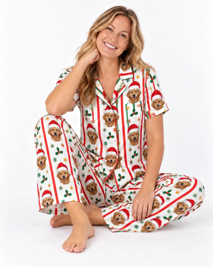 Woman sitting in golden retriever Christmas pajamas covered in golden retriever faces in Santa hats — MyDogPics