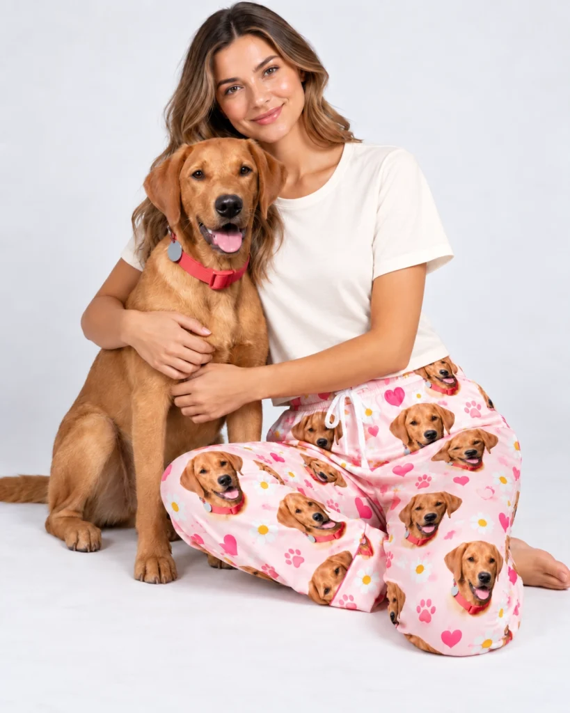 Woman in golden retriever pajama pants cuddling her golden retriever — MyDogPics