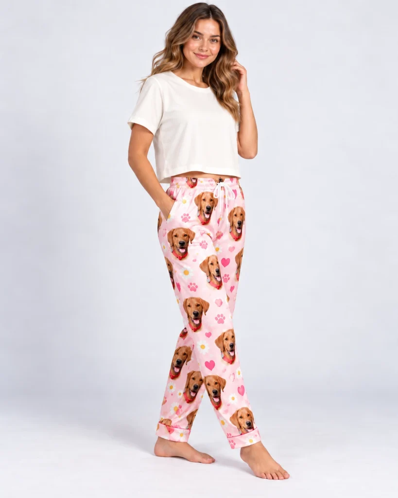 Woman posing in golden retriever pajama pants, golden retriever faces on a pink hearts and daisies print — MyDogPics
