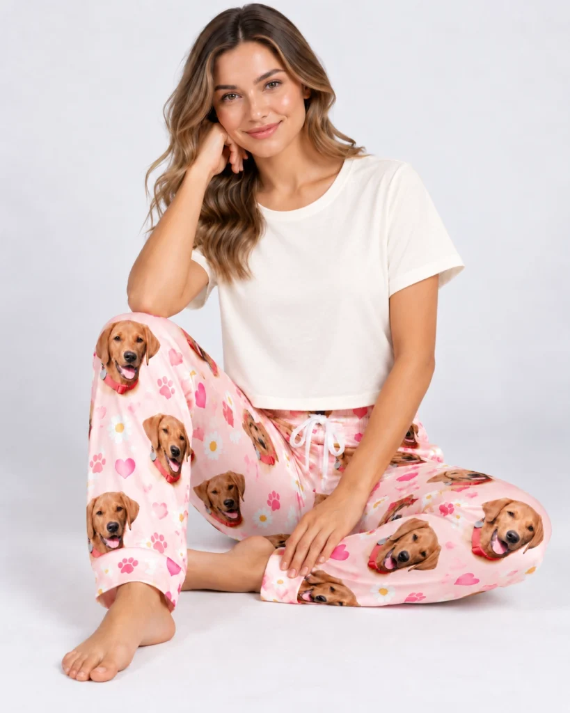 Woman sitting in golden retriever pajama pants covered in golden retriever faces — MyDogPics