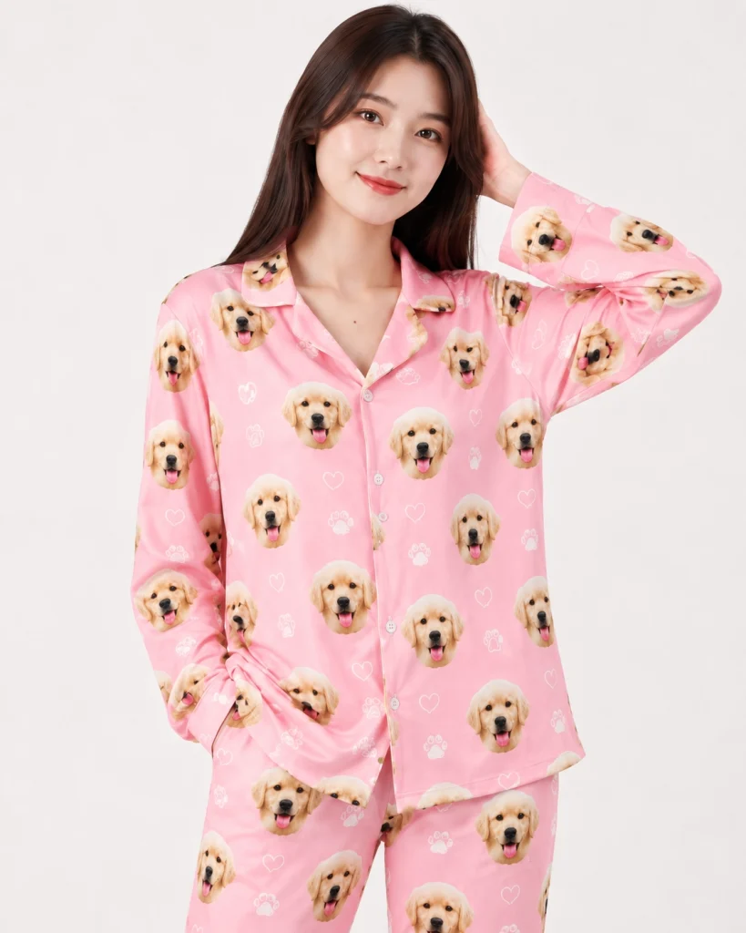 Close-up of the golden retriever pajamas print: golden retriever puppy faces on pink with white paw prints — MyDogPics