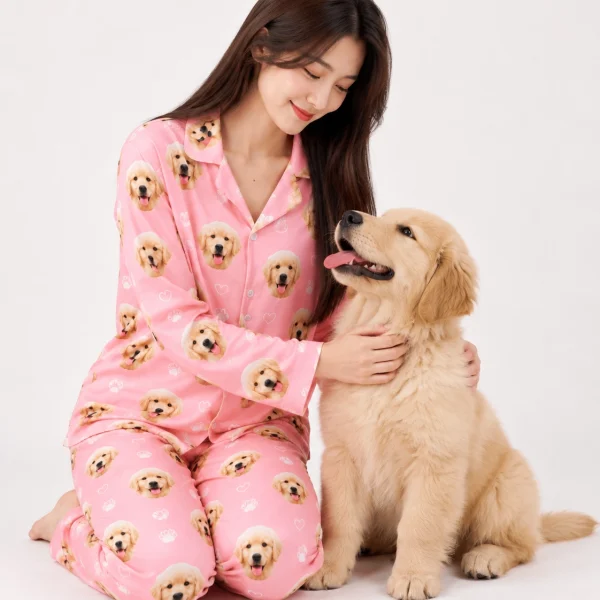 Woman in golden retriever pajamas cuddling her golden retriever puppy — MyDogPics