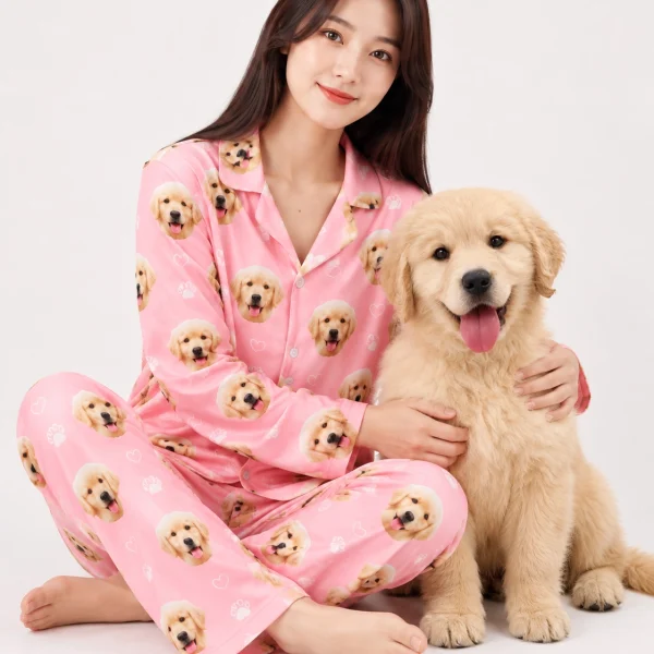 Woman in golden retriever pajamas cuddling her golden retriever puppy — MyDogPics
