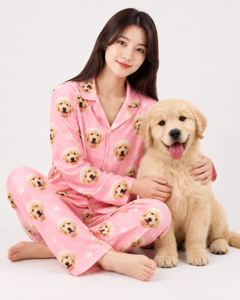Woman in golden retriever pajamas cuddling her golden retriever puppy — MyDogPics
