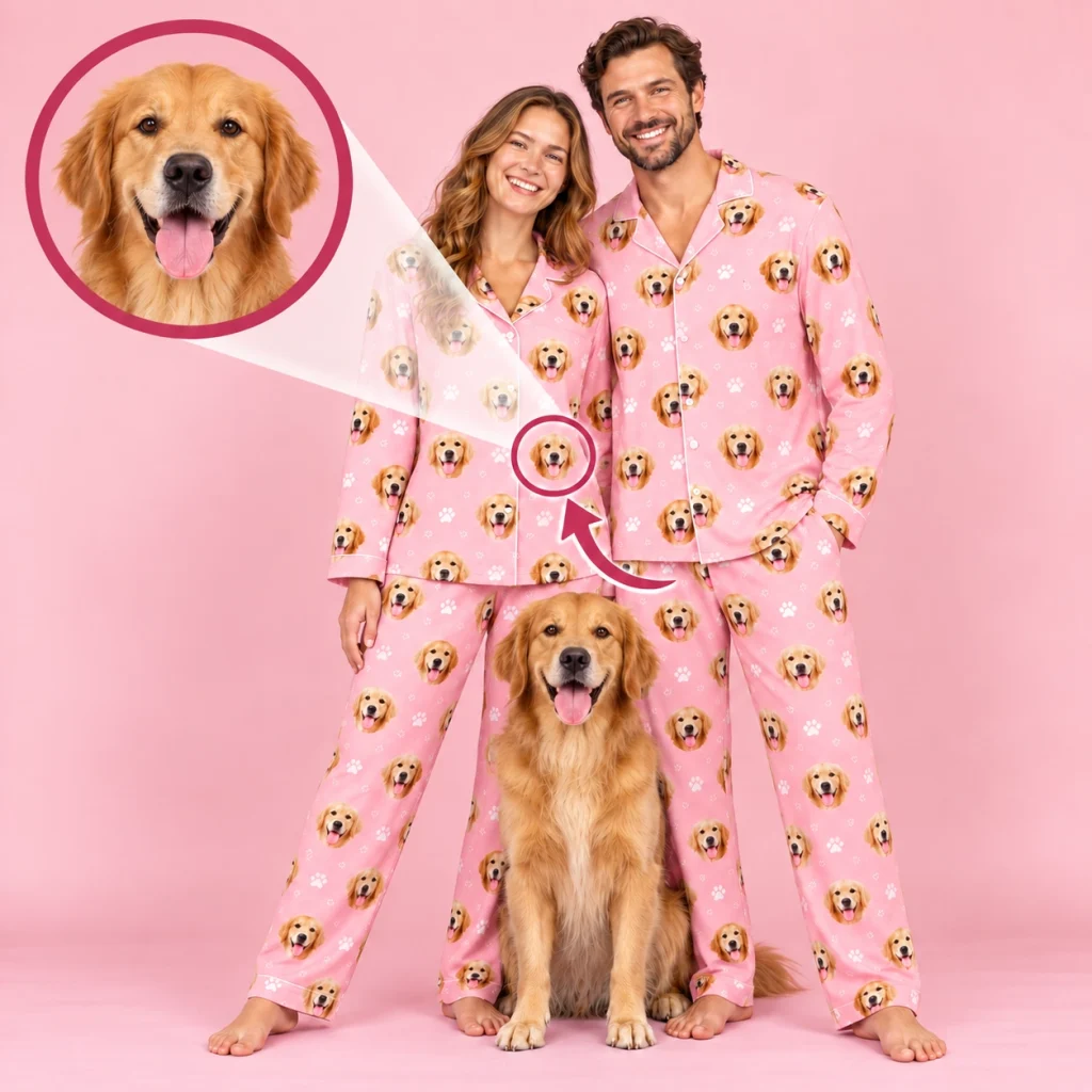 Golden retriever pajamas example: a golden retriever photo turned into the all-over face print — MyDogPics