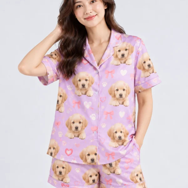 Close-up of the golden retriever pajamas for women print with golden retriever puppy faces — MyDogPics