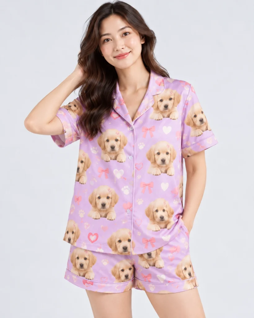 Close-up of the golden retriever pajamas for women print with golden retriever puppy faces — MyDogPics