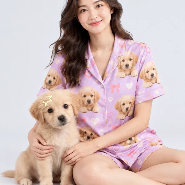 Woman in a golden retriever pajamas for women cuddling her golden retriever puppy — MyDogPics