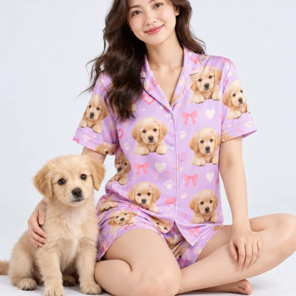Woman in a golden retriever pajamas for women cuddling her golden retriever puppy — MyDogPics