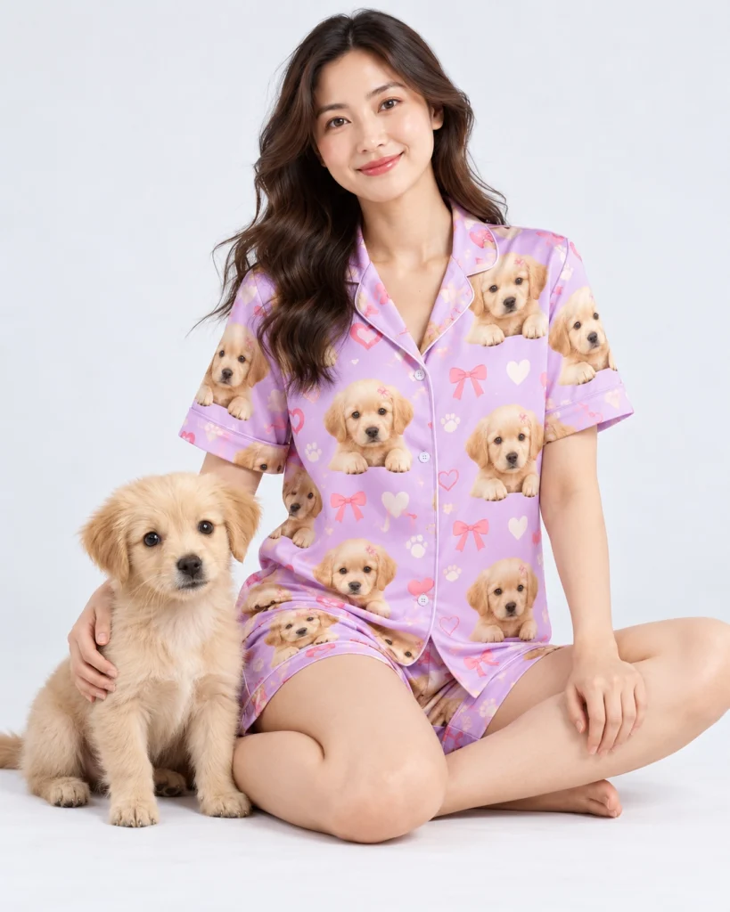 Woman in a golden retriever pajamas for women cuddling her golden retriever puppy — MyDogPics