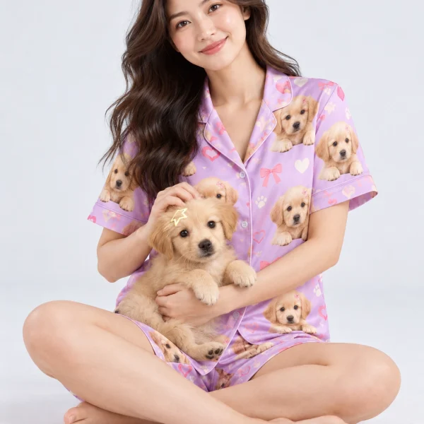 Woman in a golden retriever pajamas for women holding her golden retriever puppy — MyDogPics