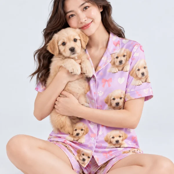 Woman in a golden retriever pajamas for women holding her golden retriever puppy — MyDogPics