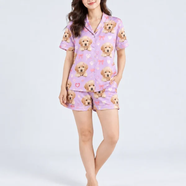 Woman posing in a golden retriever pajamas for women, golden retriever puppy faces on lavender satin with bows — MyDogPics