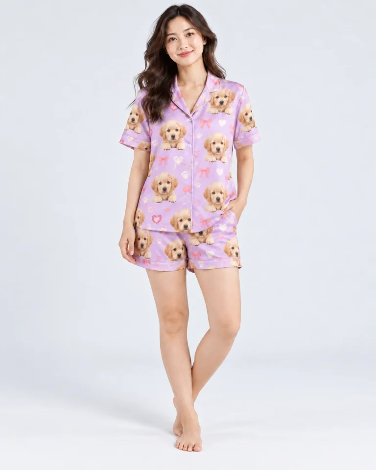 Woman in satin pajamas printed with golden retriever puppy faces, an example for women's Easter pjs