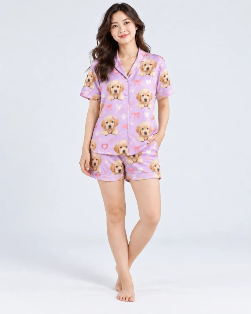 Woman posing in a golden retriever pajamas for women, golden retriever puppy faces on lavender satin with bows — MyDogPics