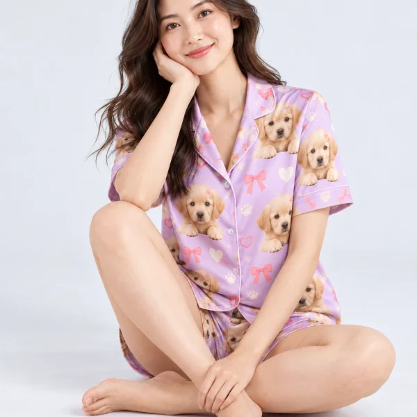 Woman sitting in a golden retriever pajamas for women covered in golden retriever puppy faces — MyDogPics