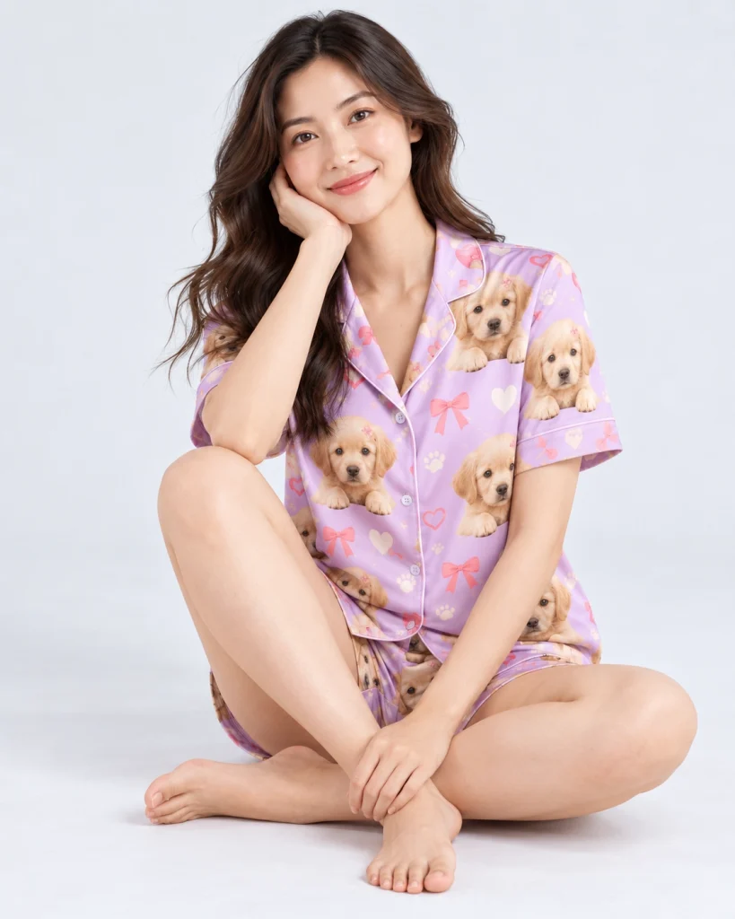 Woman sitting in a golden retriever pajamas for women covered in golden retriever puppy faces — MyDogPics
