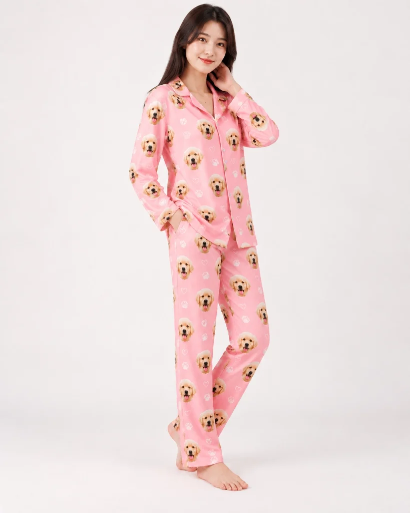 Woman posing in golden retriever pajamas, golden retriever puppy faces on pink with white paw prints — MyDogPics