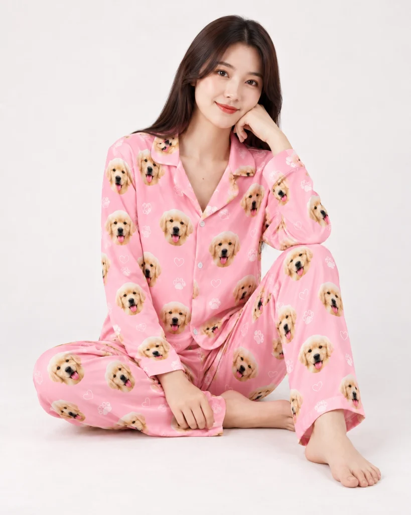 Woman sitting in golden retriever pajamas covered in golden retriever puppy faces — MyDogPics