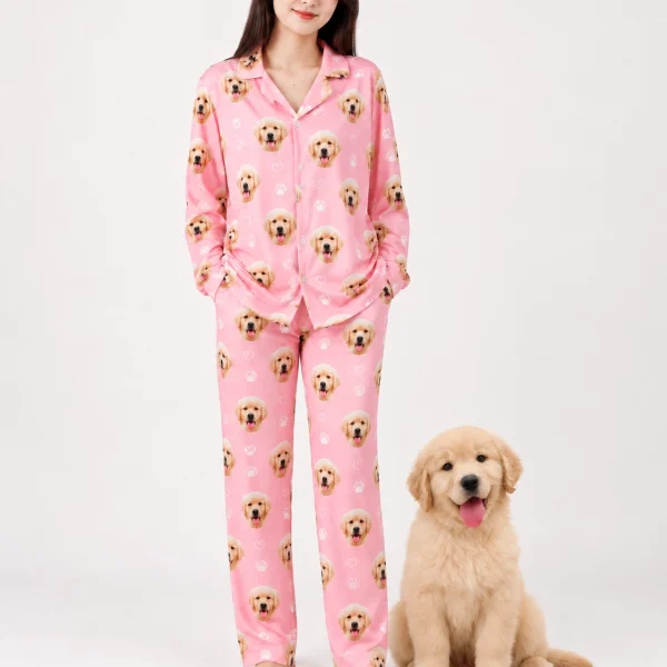 Woman in golden retriever pajamas standing next to her golden retriever puppy — MyDogPics