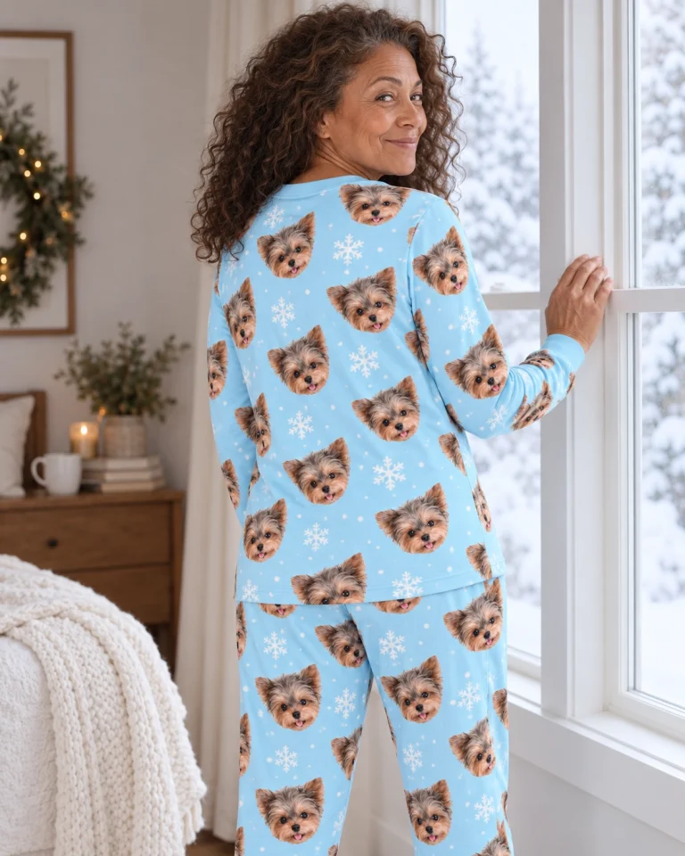 Back view of holiday pajamas: the print continues all the way round — MyDogPics