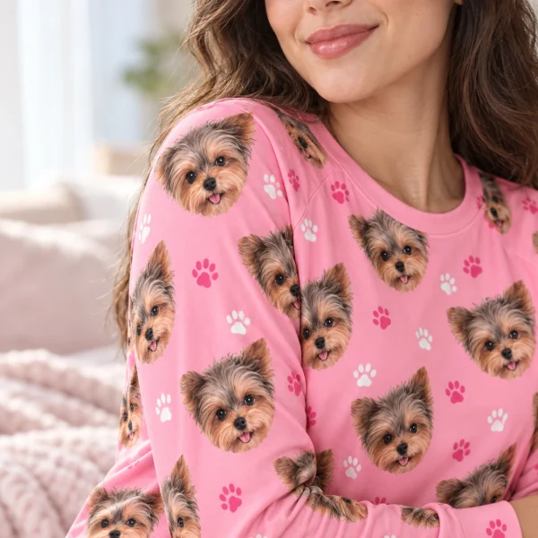 Close-up of the holiday pajamas print: Yorkshire terrier faces on pink paw-print fabric — MyDogPics