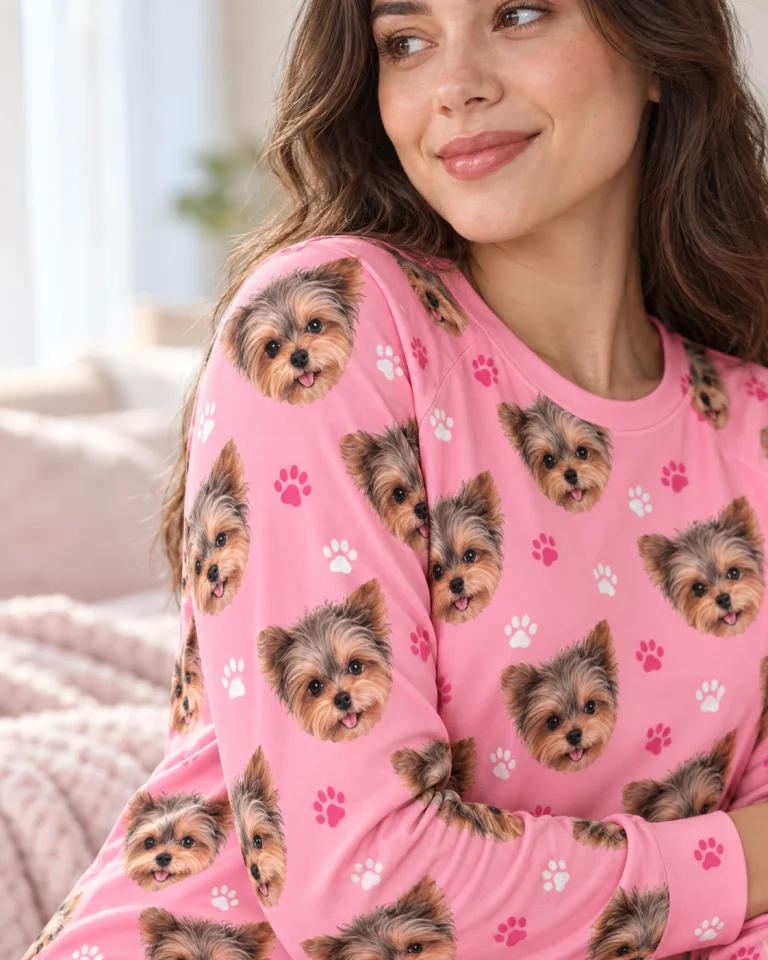 Close-up of the holiday pajamas print: Yorkshire terrier faces on pink paw-print fabric — MyDogPics
