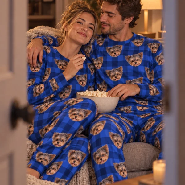 Woman and her partner in matching holiday pajamas with Yorkshire terrier faces on blue plaid fabric — MyDogPics
