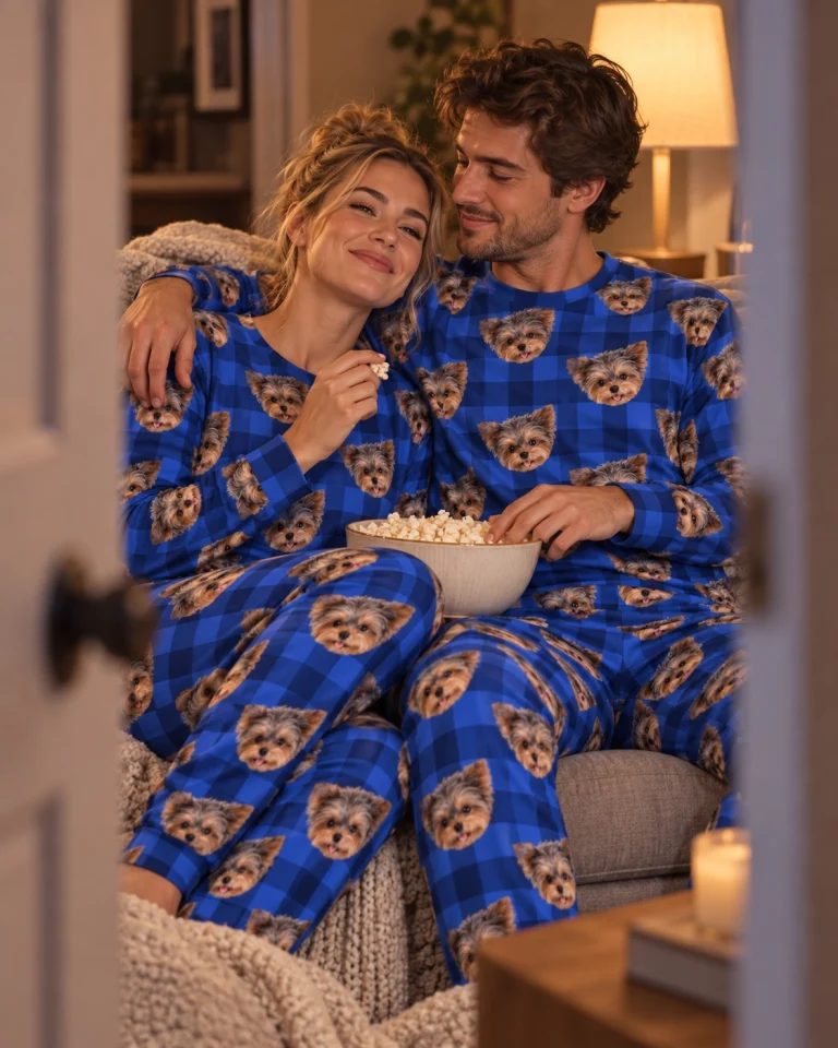 Woman and her partner in matching holiday pajamas with Yorkshire terrier faces on blue plaid fabric — MyDogPics