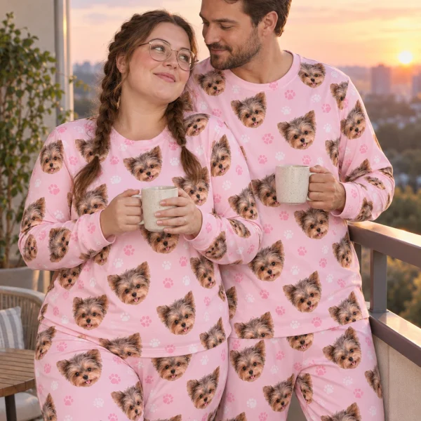 Woman and her partner in matching holiday pajamas with Yorkshire terrier faces on blush pink paw-print fabric — MyDogPics