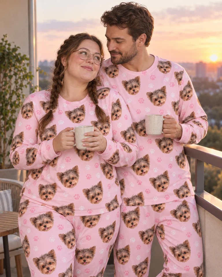 Woman and her partner in matching holiday pajamas with Yorkshire terrier faces on blush pink paw-print fabric — MyDogPics