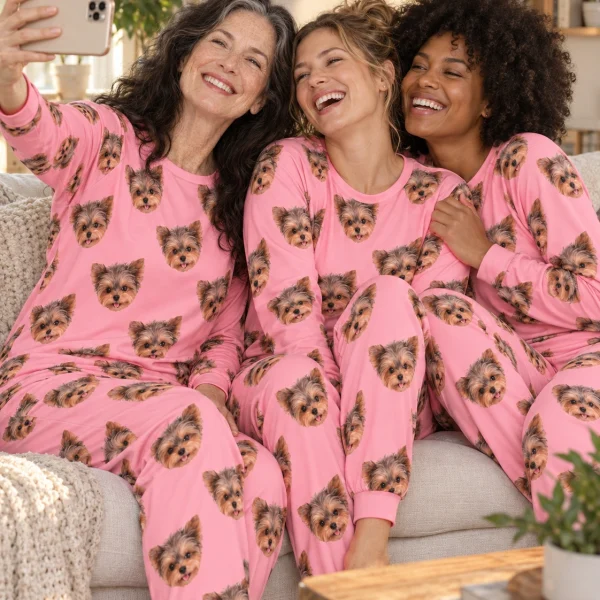Woman and her friends in matching holiday pajamas with Yorkshire terrier faces on pink fabric — MyDogPics