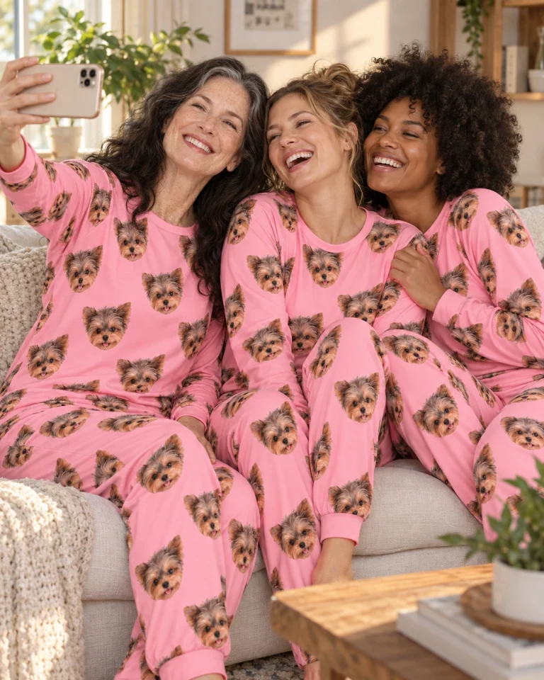 Woman and her friends in matching holiday pajamas with Yorkshire terrier faces on pink fabric — MyDogPics
