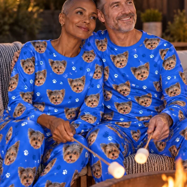Woman and her partner in matching holiday pajamas with Yorkshire terrier faces on royal blue paw-print fabric — MyDogPics