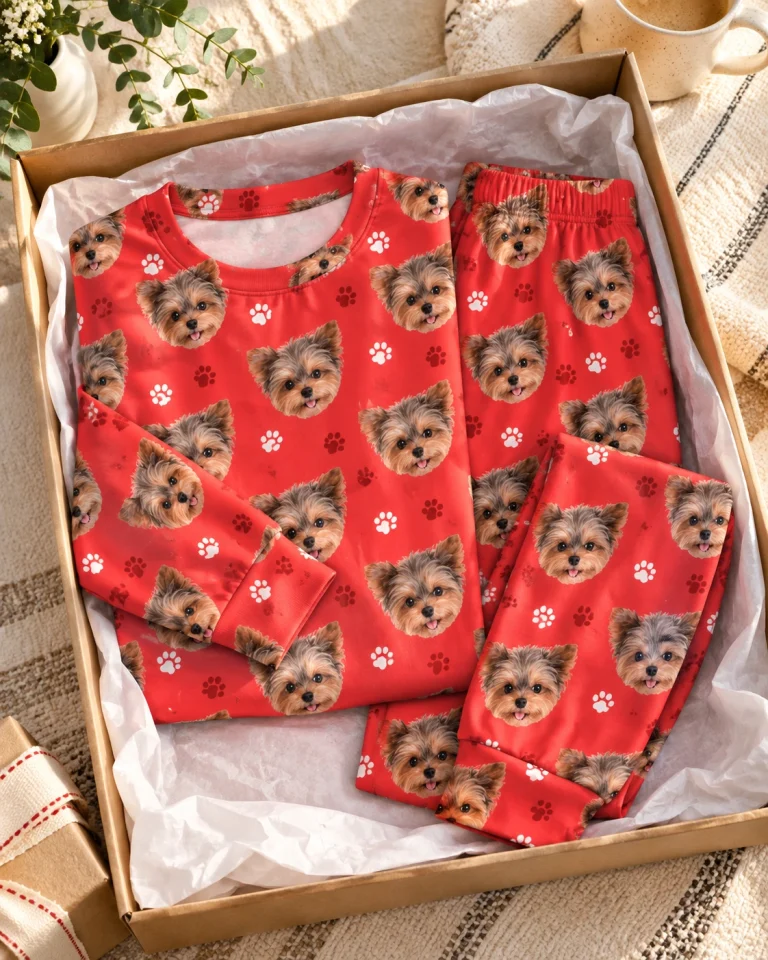 Flat lay of holiday pajamas: top and pants covered in Yorkshire terrier faces — MyDogPics