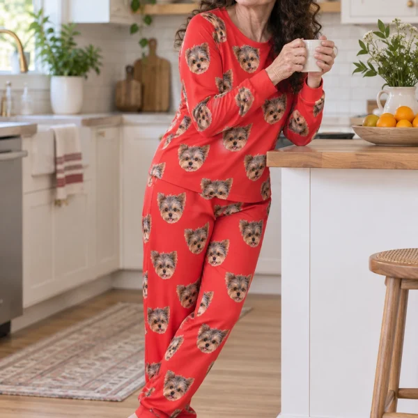 Side view of holiday pajamas with Yorkshire terrier faces on red fabric — MyDogPics