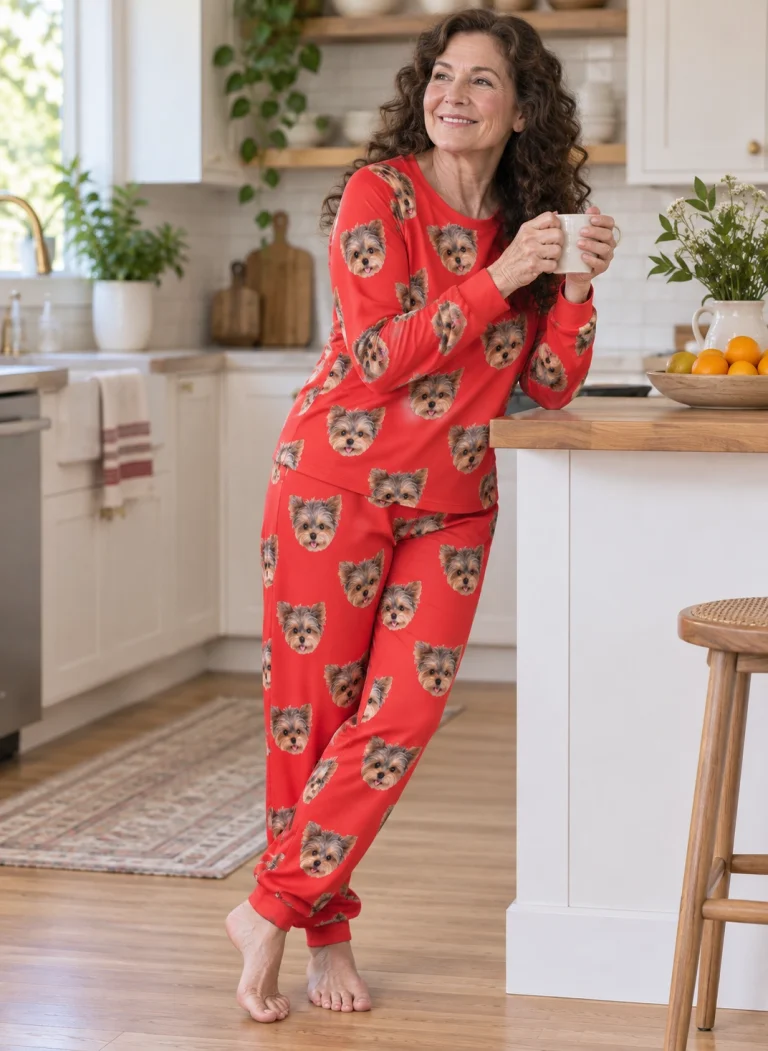 Side view of holiday pajamas with Yorkshire terrier faces on red fabric — MyDogPics