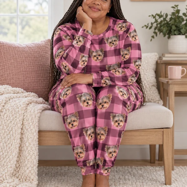 Woman sitting in holiday pajamas covered in Yorkshire terrier faces — MyDogPics