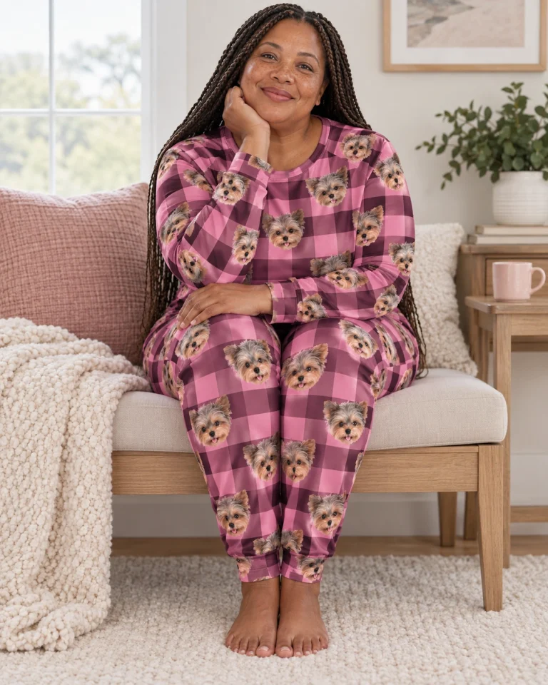 Woman sitting in holiday pajamas covered in Yorkshire terrier faces — MyDogPics