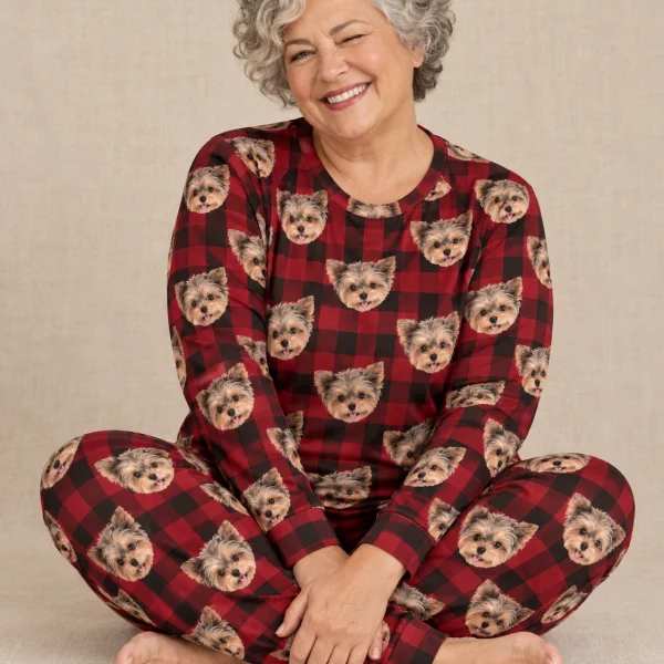Woman sitting in holiday pajamas covered in Yorkshire terrier faces — MyDogPics