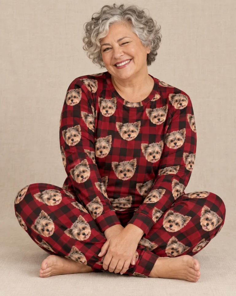 Woman sitting in holiday pajamas covered in Yorkshire terrier faces — MyDogPics